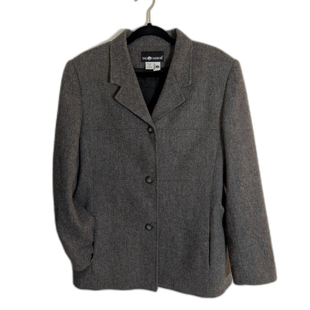 Sag Harbor Gray Wool Blend Blazer Jacket Women’s Size 14 Classic Tailored
